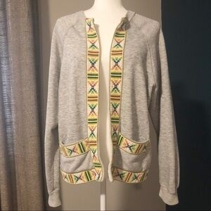 Gray sweatshirt cardigan with woven trim